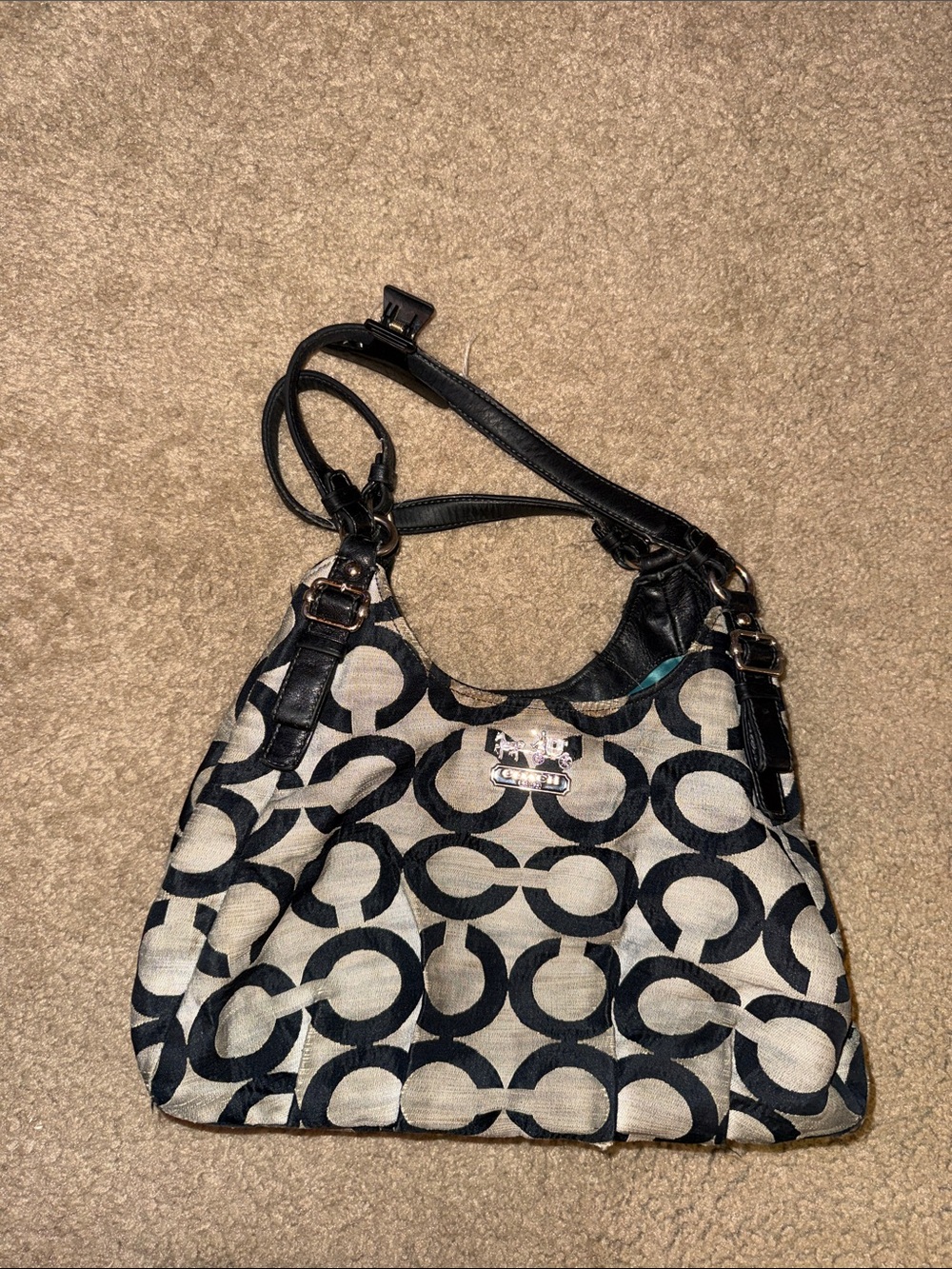 Coach Black and Cream Signature Hobo Shoulder Bag